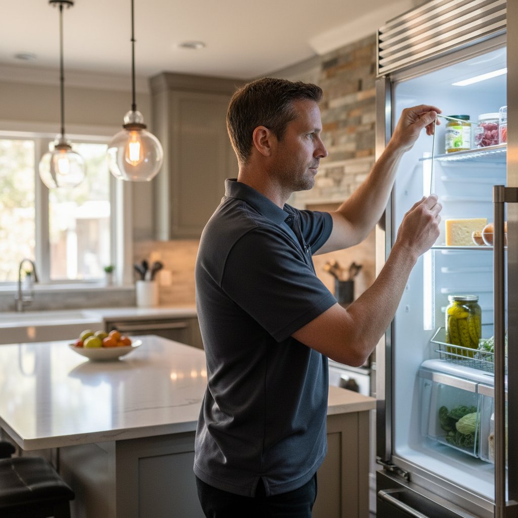 Technician diagnosing a KitchenAid built-in refrigerator in an Arvada, Colorado kitchen