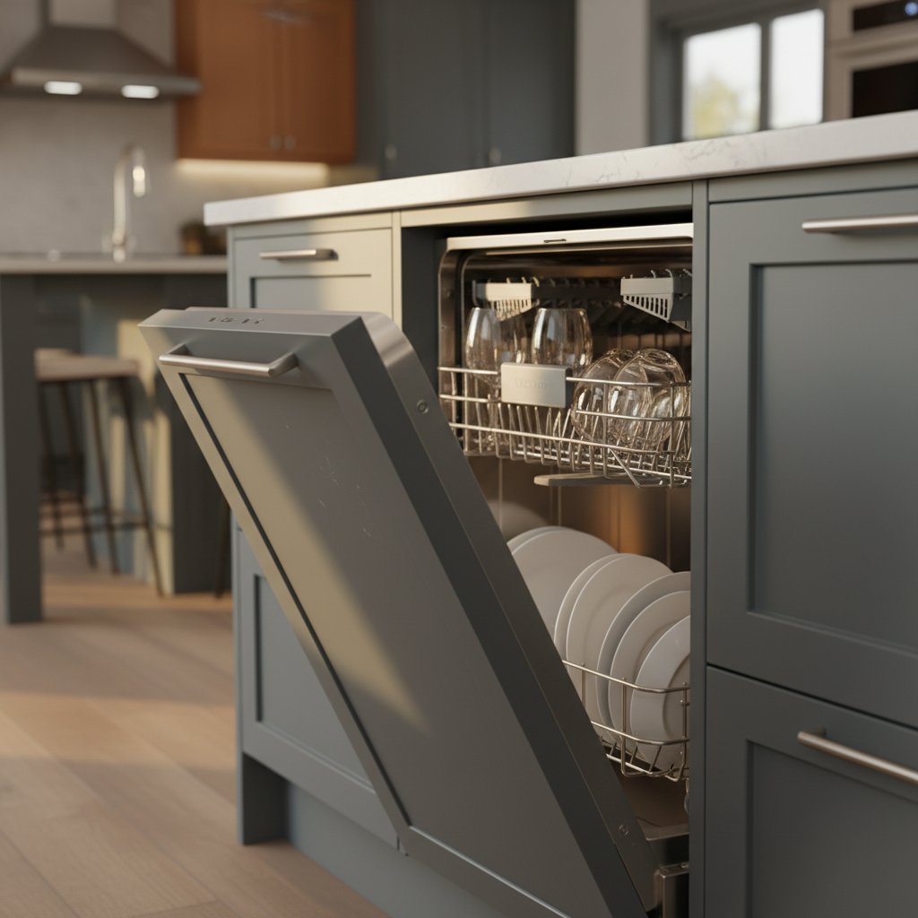 Technician servicing an integrated Cove-style dishwasher in an Arvada kitchen