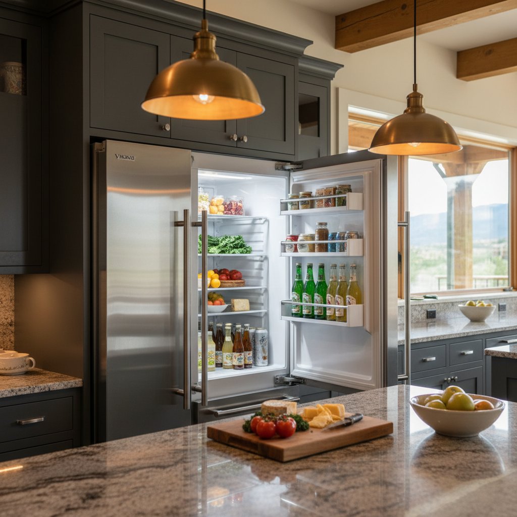 Technician servicing a Sub-Zero built-in refrigerator in an Arvada, Colorado kitchen
